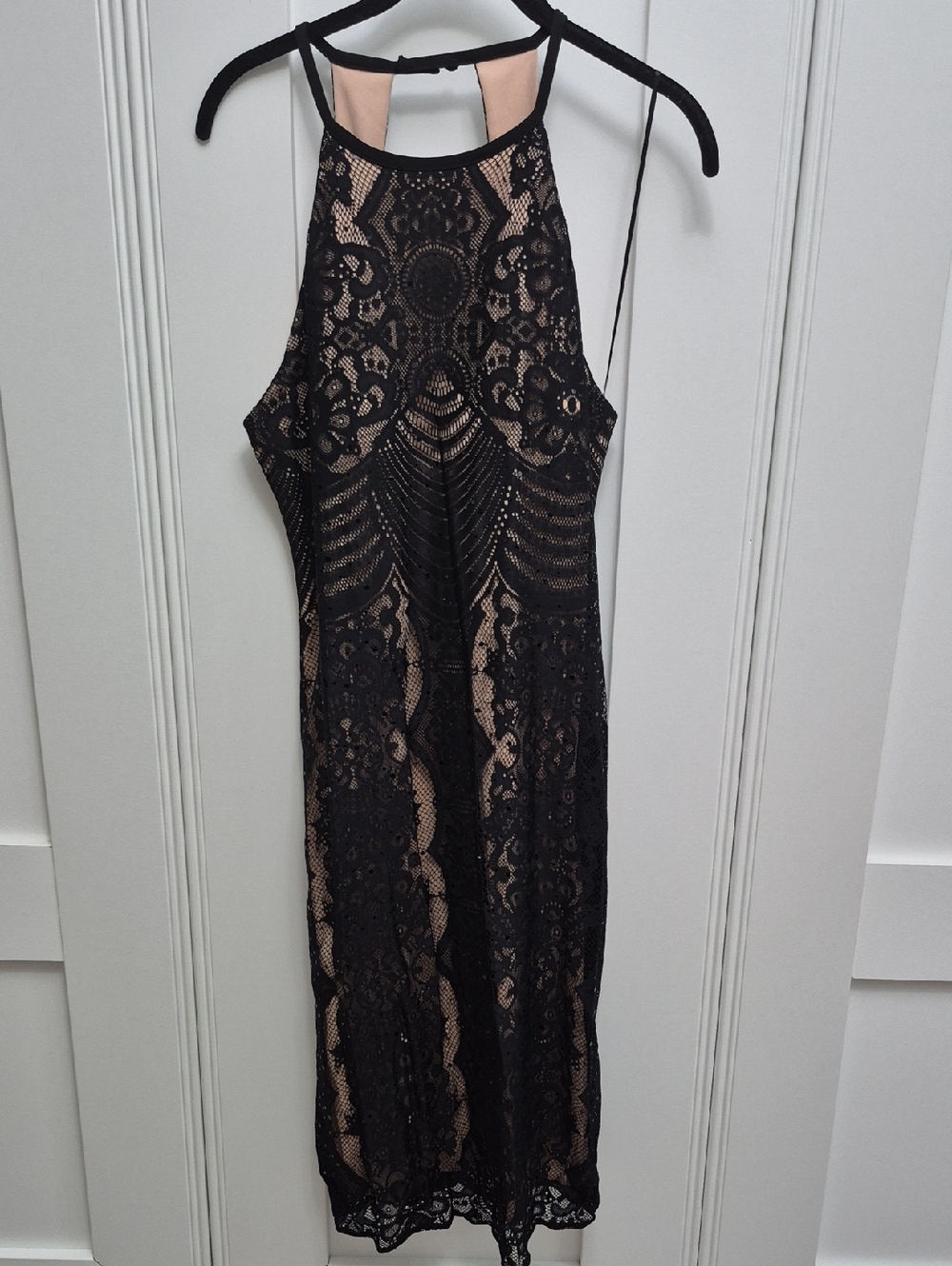 Backless Black Lace Overlay Dress with Nude Lining